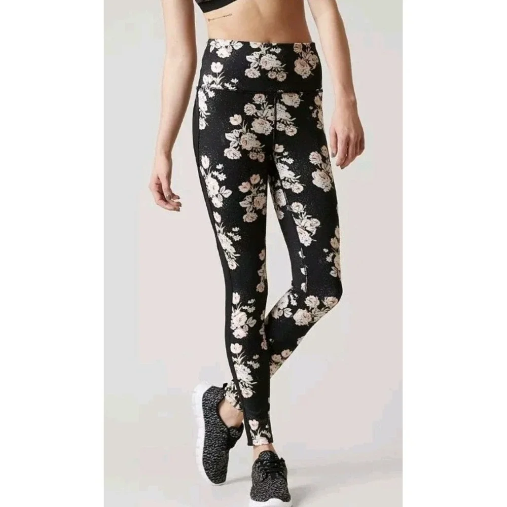 NEW Free People Liza Floral High Rise‎ Active Pants Legging SzS Black Mesh Side